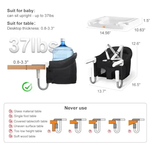 MTWML Hook On High Chair with Tray,Portable Baby High Chair That Attaches to Table,Clip On Fast Table Seat for Babies and Toddlers.Baby Feeding Seat for Dining Tables and Counter(Pure-Black) - MTWML