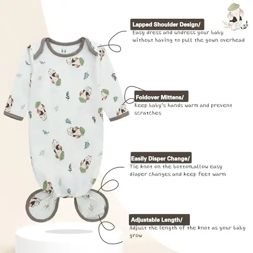 Miracle Baby Newborn Knotted Gown with Hat Set, 3 Pack Newborn Nightgowns, Baby Sleeper Gowns with Mitten Cuffs for Boys Girls 0-6 Months - MODAZONE (1)