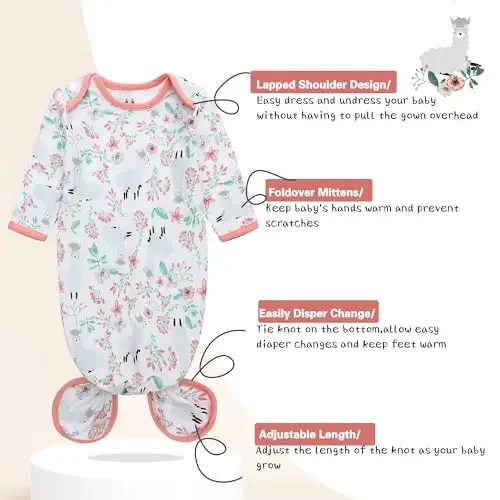 Miracle Baby Newborn Knotted Gown with Hat Set, 3 Pack Newborn Nightgowns, Baby Sleeper Gowns with Mitten Cuffs for Boys Girls 6-12 Months - 2