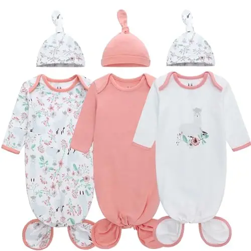Miracle Baby Newborn Knotted Gown with Hat Set, 3 Pack Newborn Nightgowns, Baby Sleeper Gowns with Mitten Cuffs for Boys Girls 6-12 Months - 1