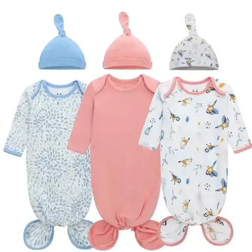 Miracle Baby Newborn Knotted Gown with Hat Set, 3 Pack Newborn Nightgowns, Baby Sleeper Gowns with Mitten Cuffs for Boys Girls 0-6 Months - 1
