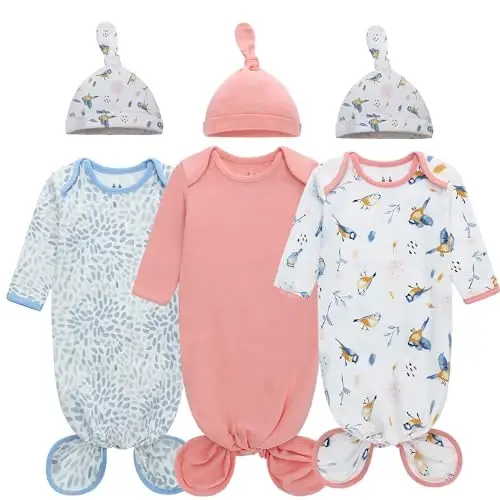 Miracle Baby Newborn Knotted Gown with Hat Set, 3 Pack Newborn Nightgowns, Baby Sleeper Gowns with Mitten Cuffs for Boys Girls 0-6 Months 