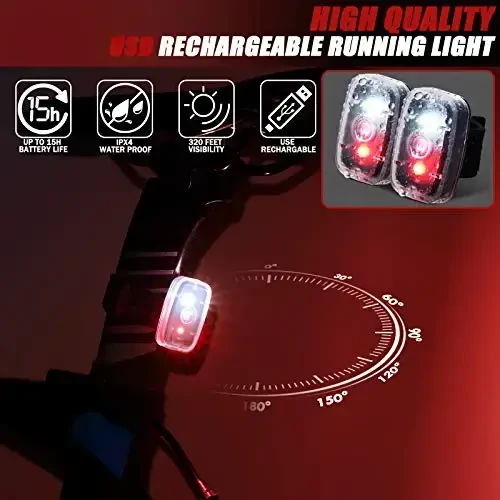 Mudder yuguruvchilar uchun yugurish chiroqlari Qayta zaryadlanuvchi LED xavfsizlik lampalari USB qayta zaryadlanuvchi Klip bilan qistirib qo'yiladigan Stroboskop Velosiped orqa chiroqlari 5 rejimli tungi velosiped chiroqlari Yugurish, sayr qilish, uy hayvonlari uchun it - 2