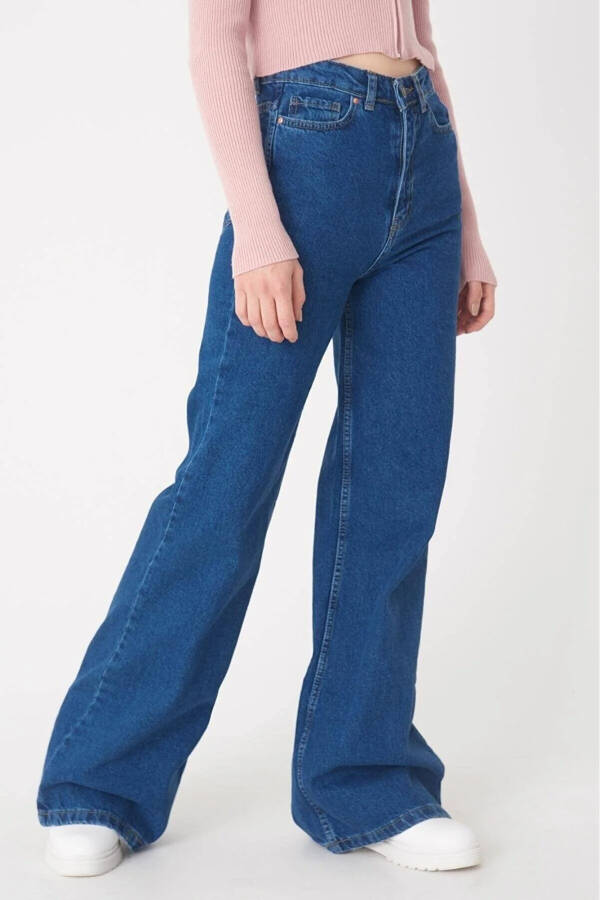 Mudoo Relaxed Fit Lycra Extra High Waist Dark Blue Wide Leg Denim Palazzo Trousers - 1