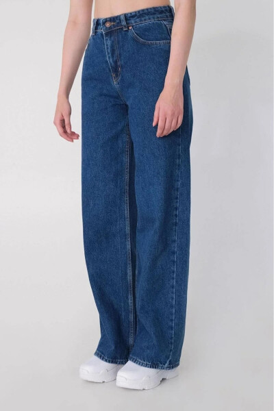 Mudoo Relaxed Fit Lycra Extra High Waist Dark Blue Wide Leg Denim Palazzo Trousers - 4