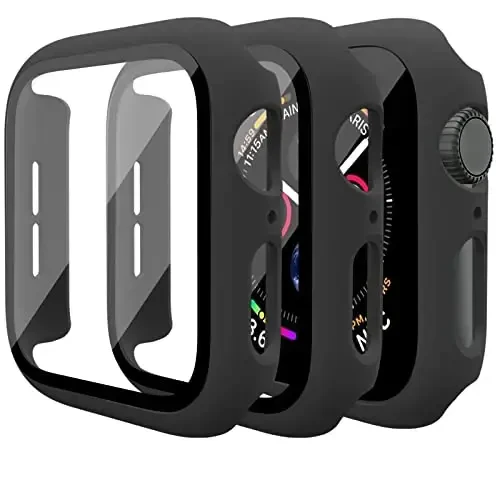 Mugust 3 Pack Case for Apple Watch SE 40mm Series 6 5 4 Hard PC Case with Tempered Glass Screen Protector Waterproof Anti-Scratch Ultra-Thin Protective Cover for iWatch 40mm (Black) - 1
