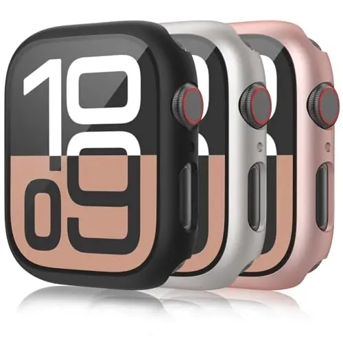 Mugust 3 Pack Case for Apple Watch Series 10 42mm Qattiq kompyuter g'ilofi, Temperli shisha ekran himoyachisi, Suv o'tkazmaydigan tirnalishga qarshi o'ta yupqa himoya qopqog'i iWatch uchun, Qora/atirgul oltin/Yulduz nur - 1