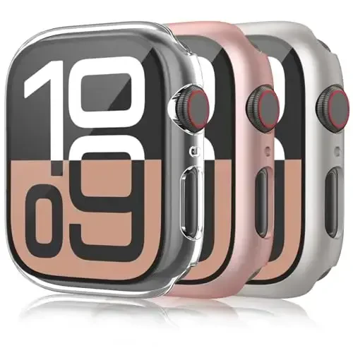 Mugust 3 Pack Case for Apple Watch Series 10 42mm Qattiq PC G'ilofi Temperlangan Shisha Ekran Himoyachisi Suv o'tkazmaydigan Tirnalishga qarshi Ultra yupqa himoya qopqog'i, Shaffof/Pushti Oltin/Yulduz Yorug'ligi - MUGUST (1)