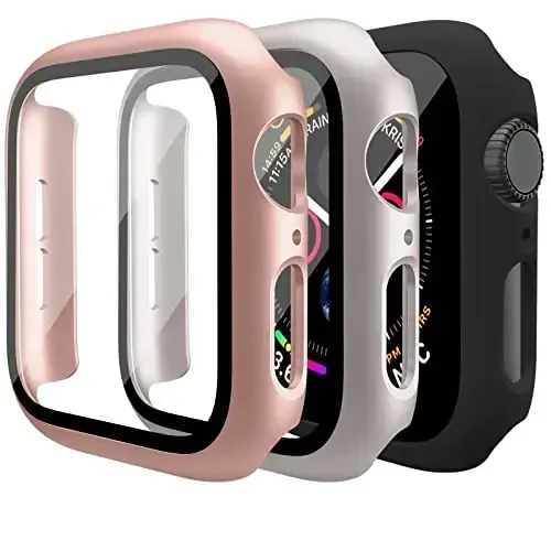 Mugust 3 Pack Case for Apple Watch Series 3 38mm Hard PC Case with Tempered Glass Screen Protector Waterproof Anti-Scratch Ultra-Thin Full Protective Cover for iWatch 38mm (Black/Rose Gold/Starlight) 