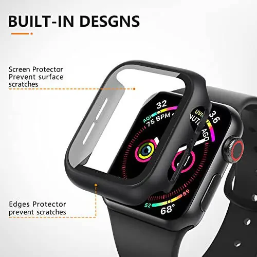 Mugust 3 taʼrifli Apple Watch SE 44mm Series 6 Series 5 Series 4 qattiq PC korpusi temperlangan shisha ekran himoyachisi suv oʻtkazmaydigan chizishga chidamli ultra yupqa himoya qoplamasi iWatch 44mm (qora) - 3