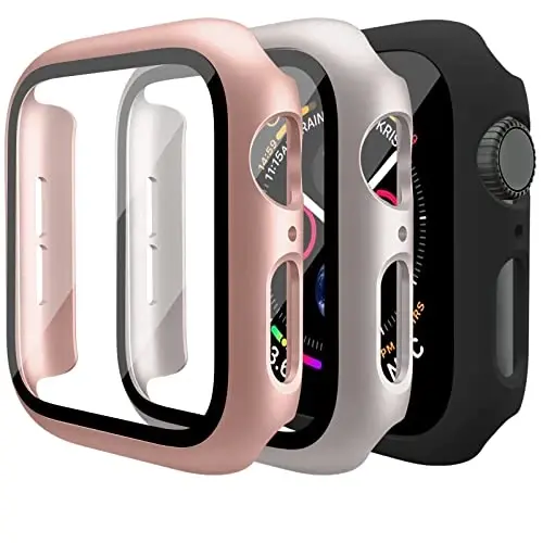 Mugust 3 Pack Case for Apple Watch SE 44mm Series 6 5 4 Hard PC Case with Tempered Glass Screen Protector Waterproof Anti-Scratch HD Ultra-Thin Full Protective Cover - 1