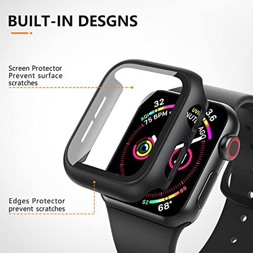 Mugust 3 Pack Case for Apple Watch SE 44mm Series 6 5 4 Hard PC Case with Tempered Glass Screen Protector Waterproof Anti-Scratch Ultra-Thin Protective Cover for iWatch 44mm (Black) - 3