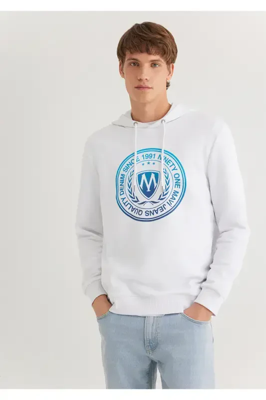 Muhr Logo Baskılı Kapüşonlu Beyaz Sweatshirt 0611721-620-Beyaz - MAVI