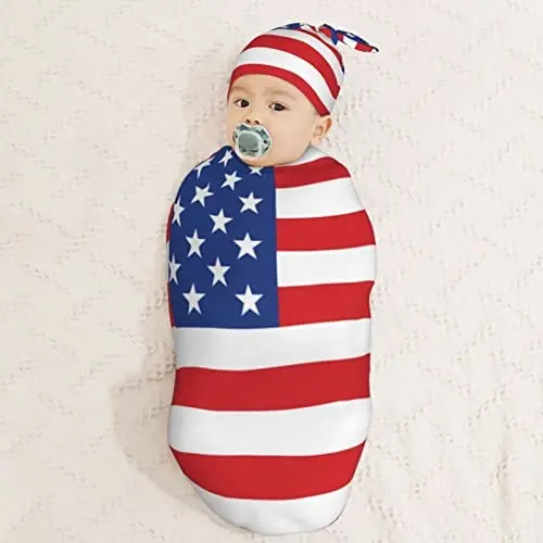 Muishi American Flag Newborn Swaddle Blankets Hat Sets Soft Baby Receiving Blanket Swaddle Sack for Baby Shower Infant Boy Girl Gift - 3