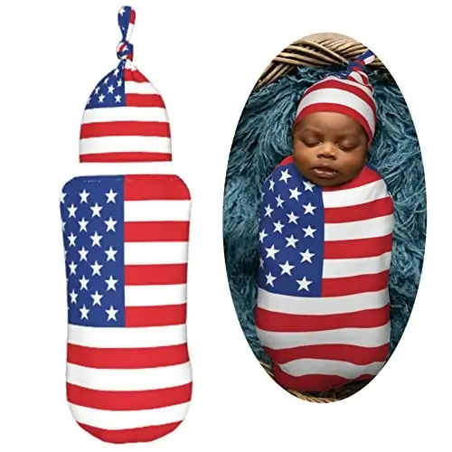 Muishi American Flag Newborn Swaddle Blankets Hat Sets Soft Baby Receiving Blanket Swaddle Sack for Baby Shower Infant Boy Girl Gift - MODAZONE (1)