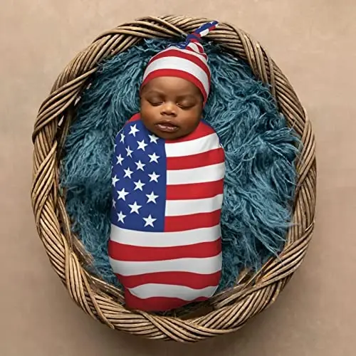 Muishi American Flag Newborn Swaddle Blankets Hat Sets Soft Baby Receiving Blanket Swaddle Sack for Baby Shower Infant Boy Girl Gift - 12