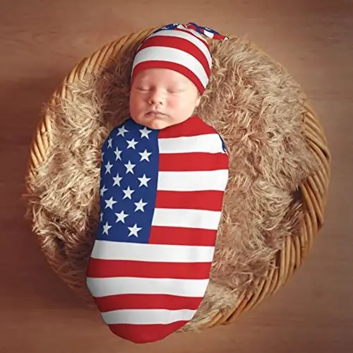 Muishi American Flag Newborn Swaddle Blankets Hat Sets Soft Baby Receiving Blanket Swaddle Sack for Baby Shower Infant Boy Girl Gift - 13