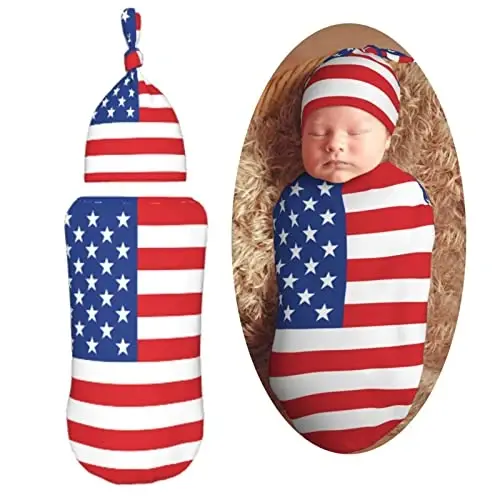 Muishi American Flag Newborn Swaddle Blankets Hat Sets Soft Baby Receiving Blanket Swaddle Sack for Baby Shower Infant Boy Girl Gift 