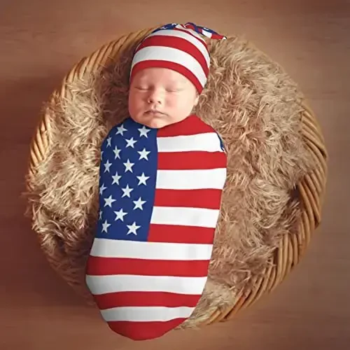 Muishi American Flag Newborn Swaddle Blankets Hat Sets Soft Baby Receiving Blanket Swaddle Sack for Baby Shower Infant Boy Girl Gift - 6