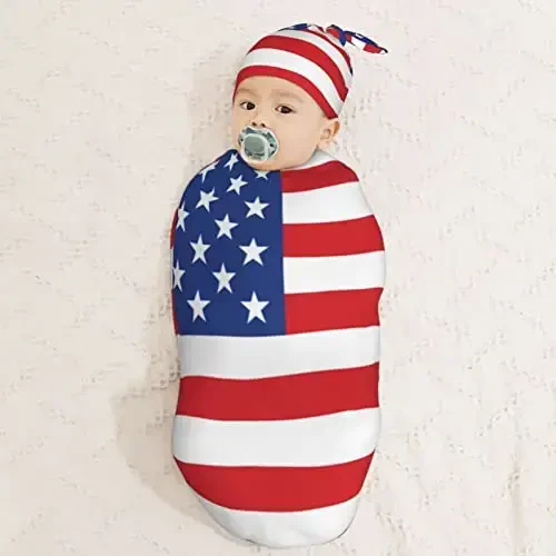 Muishi American Flag Newborn Swaddle Blankets Hat Sets Soft Baby Receiving Blanket Swaddle Sack for Baby Shower Infant Boy Girl Gift - 7