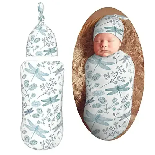 Muishi Blue Dragonfly Newborn Swaddle Blankets Hat Sets Soft Baby Receiving Blanket Swaddle Sack for Baby Shower Infant Boy Girl Gift - MODAZONE
