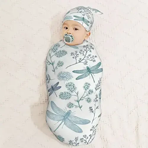 Muishi Blue Dragonfly Newborn Swaddle Blankets Hat Sets Soft Baby Receiving Blanket Swaddle Sack for Baby Shower Infant Boy Girl Gift - 3