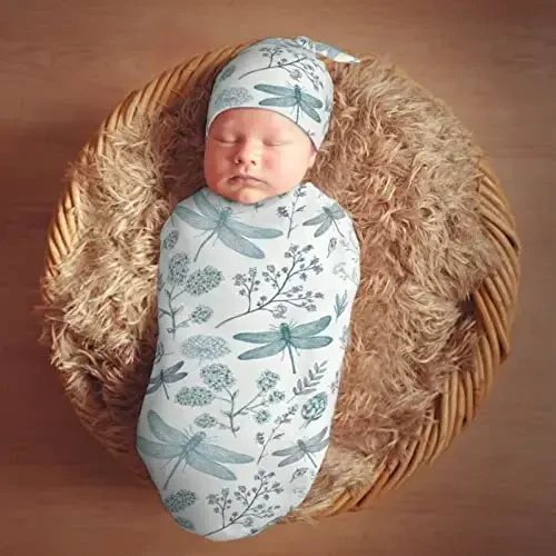 Muishi Blue Dragonfly Newborn Swaddle Blankets Hat Sets Soft Baby Receiving Blanket Swaddle Sack for Baby Shower Infant Boy Girl Gift - 7