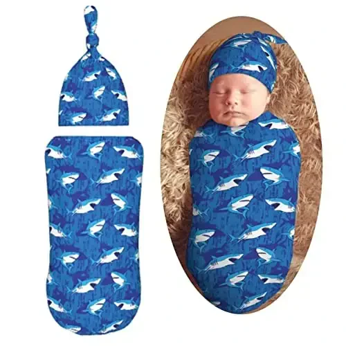 Muishi Blue Sharks Newborn Swaddle Blankets Hat Sets Soft Baby Receiving Blanket Swaddle Sack for Baby Shower Infant Boy Girl Gift - 1