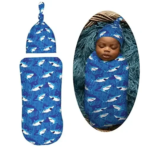 Muishi Blue Sharks Newborn Swaddle Blankets Hat Sets Soft Baby Receiving Blanket Swaddle Sack for Baby Shower Infant Boy Girl Gift - 2