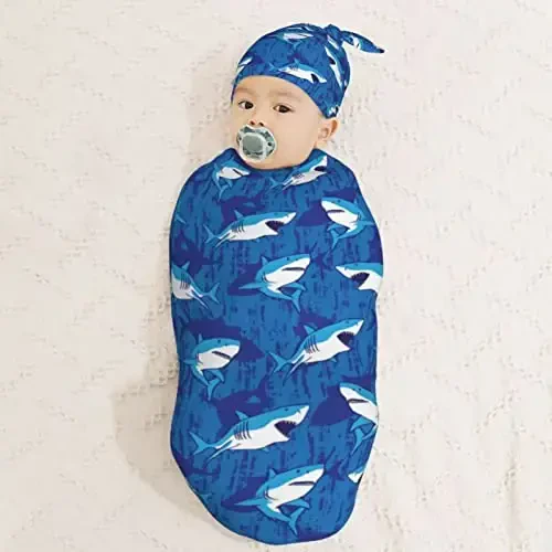 Muishi Blue Sharks Newborn Swaddle Blankets Hat Sets Soft Baby Receiving Blanket Swaddle Sack for Baby Shower Infant Boy Girl Gift - 3