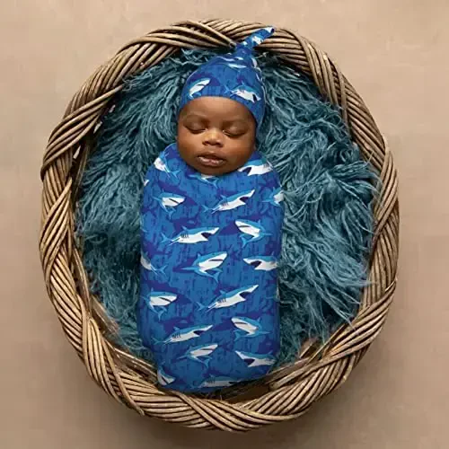 Muishi Blue Sharks Newborn Swaddle Blankets Hat Sets Soft Baby Receiving Blanket Swaddle Sack for Baby Shower Infant Boy Girl Gift - 6
