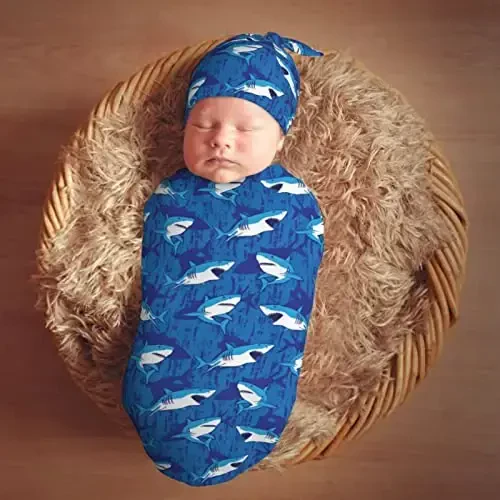 Muishi Blue Sharks Newborn Swaddle Blankets Hat Sets Soft Baby Receiving Blanket Swaddle Sack for Baby Shower Infant Boy Girl Gift - 7