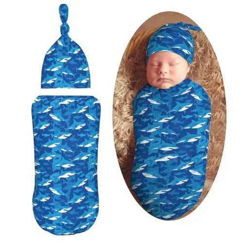 Muishi Blue Sharks Newborn Swaddle Blankets Hat Sets Soft Baby Receiving Blanket Swaddle Sack for Baby Shower Infant Boy Girl Gift 