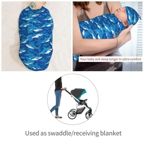 Muishi Blue Sharks Newborn Swaddle Blankets Hat Sets Soft Baby Receiving Blanket Swaddle Sack for Baby Shower Infant Boy Girl Gift - 4