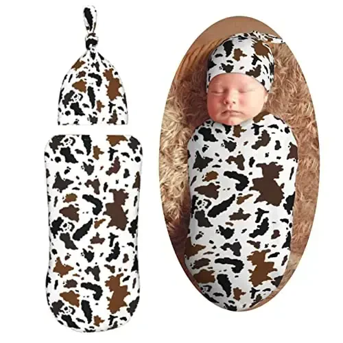 Muishi Brown Black Cow Skin Newborn Swaddle Blankets Hat Sets Soft Baby Receiving Blanket Swaddle Sack for Baby Shower Infant Boy Girl Gift - MODAZONE