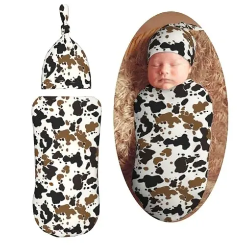 Muishi Brown Black Cow Skin Newborn Swaddle Blankets Hat Sets Soft Baby Receiving Blanket Swaddle Sack for Baby Shower Infant Boy Girl Gift 