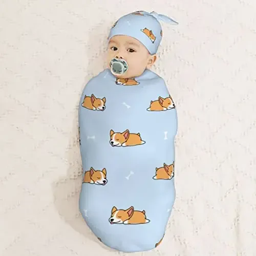 Muishi Cartoon Sleep Corgi Cute Blue Newborn Swaddle Blankets Hat Sets Soft Baby Receiving Blanket Swaddle Sack for Baby Shower Infant Boy Girl Gift - 3