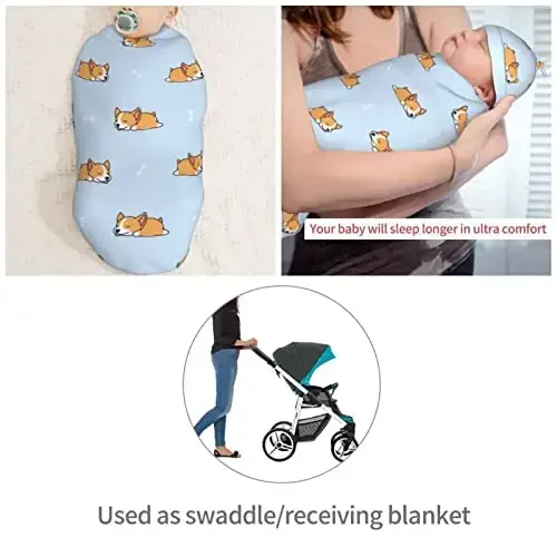 Muishi Cartoon Sleep Corgi Cute Blue Newborn Swaddle Blankets Hat Sets Soft Baby Receiving Blanket Swaddle Sack for Baby Shower Infant Boy Girl Gift - 4