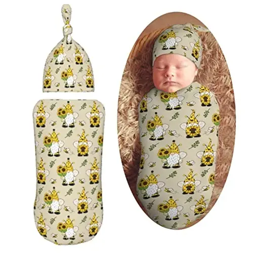 Muishi Gnomes Bees Sunflowers Newborn Swaddle Blankets Hat Sets Soft Baby Receiving Blanket Swaddle Sack for Baby Shower Infant Boy Girl Gift - 1