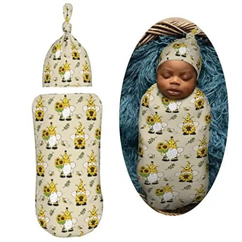 Muishi Gnomes Bees Sunflowers Newborn Swaddle Blankets Hat Sets Soft Baby Receiving Blanket Swaddle Sack for Baby Shower Infant Boy Girl Gift - MODAZONE (1)