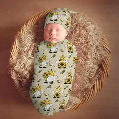 Muishi Gnomes Bees Sunflowers Newborn Swaddle Blankets Hat Sets Soft Baby Receiving Blanket Swaddle Sack for Baby Shower Infant Boy Girl Gift - 7