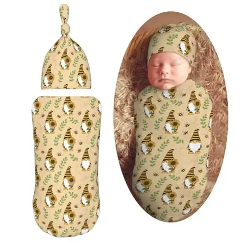 Muishi Gnomes Bees Sunflowers Newborn Swaddle Blankets Hat Sets Soft Baby Receiving Blanket Swaddle Sack for Baby Shower Infant Boy Girl Gift 