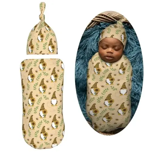 Muishi Gnomes Bees Sunflowers Newborn Swaddle Blankets Hat Sets Soft Baby Receiving Blanket Swaddle Sack for Baby Shower Infant Boy Girl Gift - 2