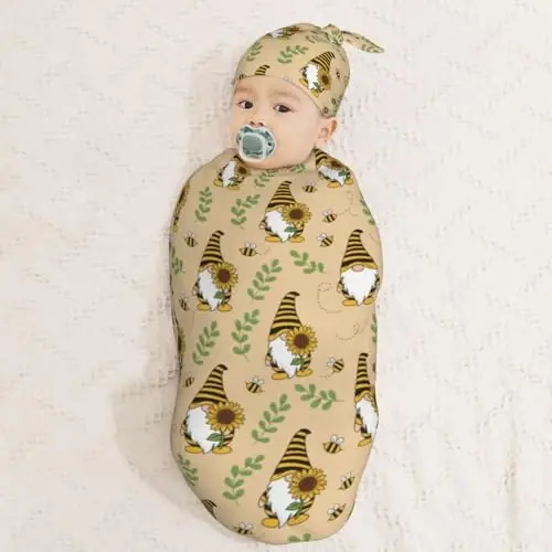 Muishi Gnomes Bees Sunflowers Newborn Swaddle Blankets Hat Sets Soft Baby Receiving Blanket Swaddle Sack for Baby Shower Infant Boy Girl Gift - 3