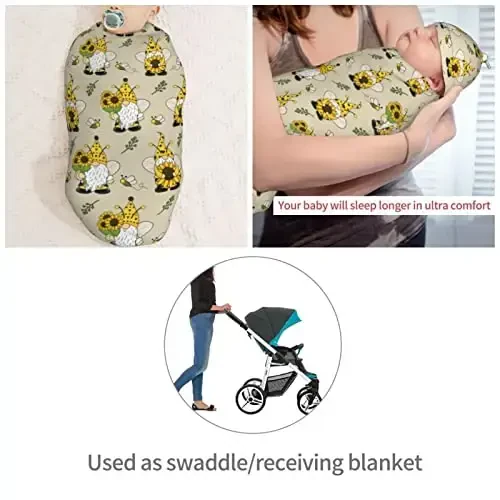 Muishi Gnomes Bees Sunflowers Newborn Swaddle Blankets Hat Sets Soft Baby Receiving Blanket Swaddle Sack for Baby Shower Infant Boy Girl Gift - 4