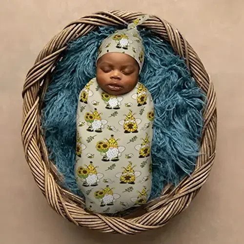 Muishi Gnomes Bees Sunflowers Newborn Swaddle Blankets Hat Sets Soft Baby Receiving Blanket Swaddle Sack for Baby Shower Infant Boy Girl Gift - 6