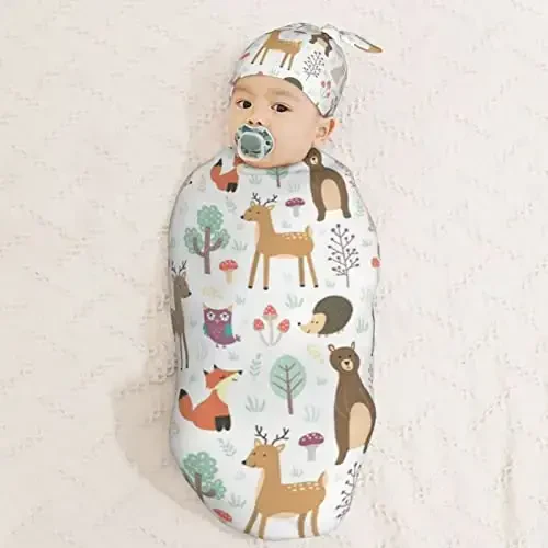 Muishi Cute Animals Fox Bear Deer Newborn Swaddle Blankets Hat Sets Soft Baby Receiving Blanket Swaddle Sack for Baby Shower Infant Boy Girl Gift - 3