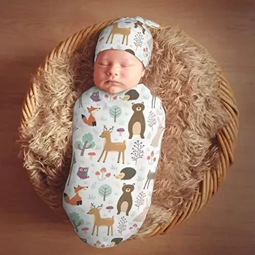 Muishi Cute Animals Fox Bear Deer Newborn Swaddle Blankets Hat Sets Soft Baby Receiving Blanket Swaddle Sack for Baby Shower Infant Boy Girl Gift - 7