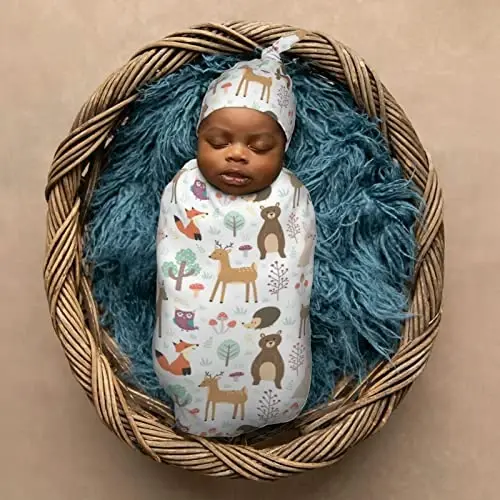 Muishi Cute Animals Fox Bear Deer Newborn Swaddle Blankets Hat Sets Soft Baby Receiving Blanket Swaddle Sack for Baby Shower Infant Boy Girl Gift - 6