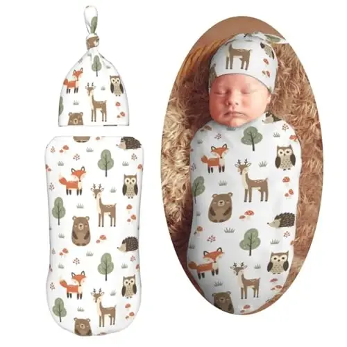 Muishi Cute Animals Fox Bear Deer Newborn Swaddle Blankets Hat Sets Soft Baby Receiving Blanket Swaddle Sack for Baby Shower Infant Boy Girl Gift 